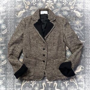 Women's Black and Brown Striped Fuzzy Tweed Blazer Jacket
